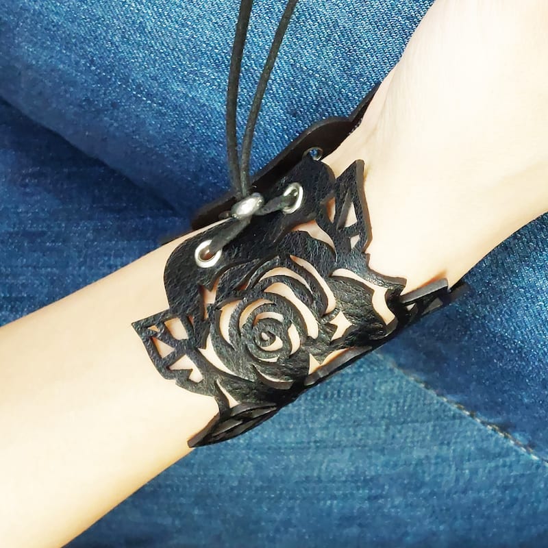 Adjustable rose leather cuff bracelet black 4